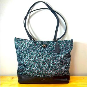COACH Blue Floral Print Nylon & Leather Tote Bag